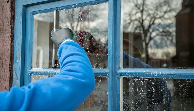 Person in blauem Pullover mit Handschuhen reinigt ein blau lackiertes Sprossenfenster mit einem Abzieher