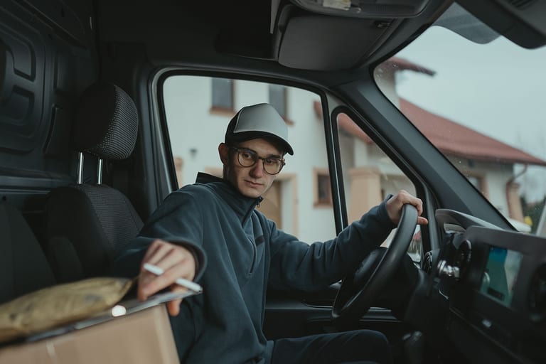 Junger Zusteller mit Brille und Kappe sitzt im Transporter und legt eine Sendung auf das Klemmbrett
